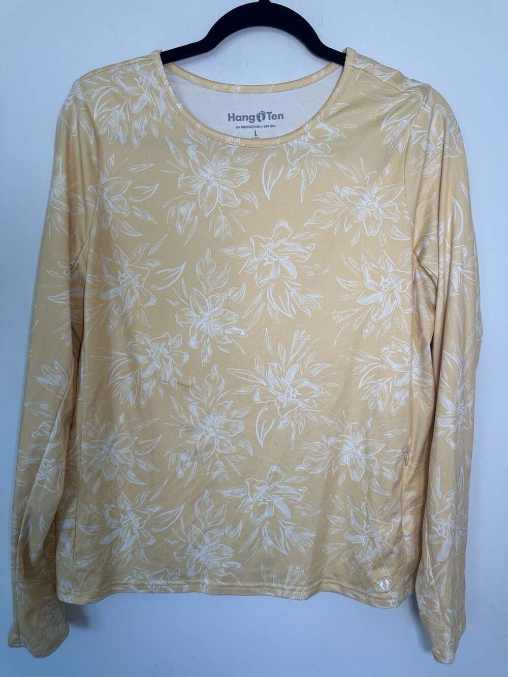 Hang Ten Long Sleeve Shirt Size L Yellow Floral UPF 50+ Sun Protection